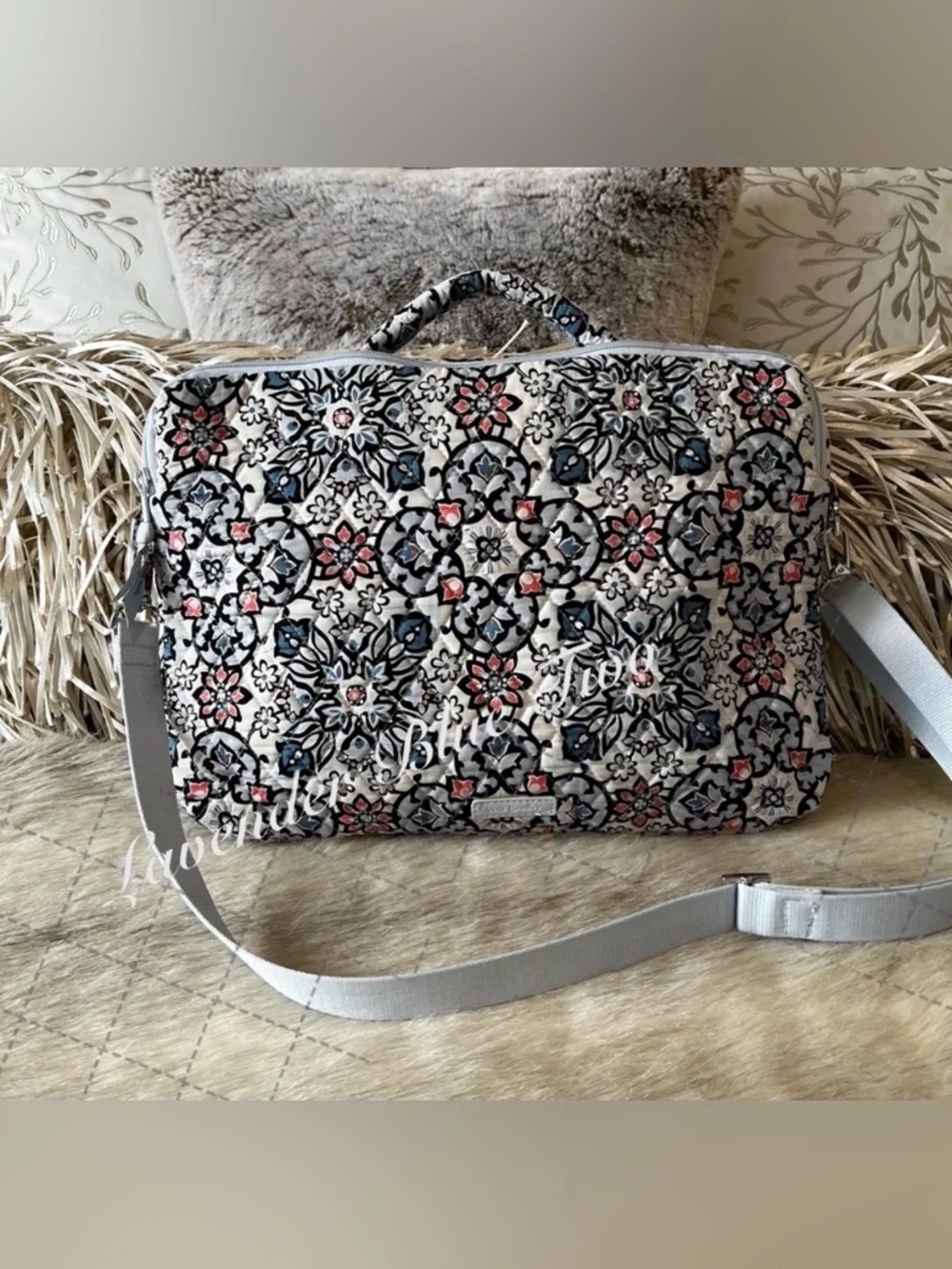 VERA BRADLEY Lisbon Medallion Laptop Workstation Crossbody Blue Orange Gray